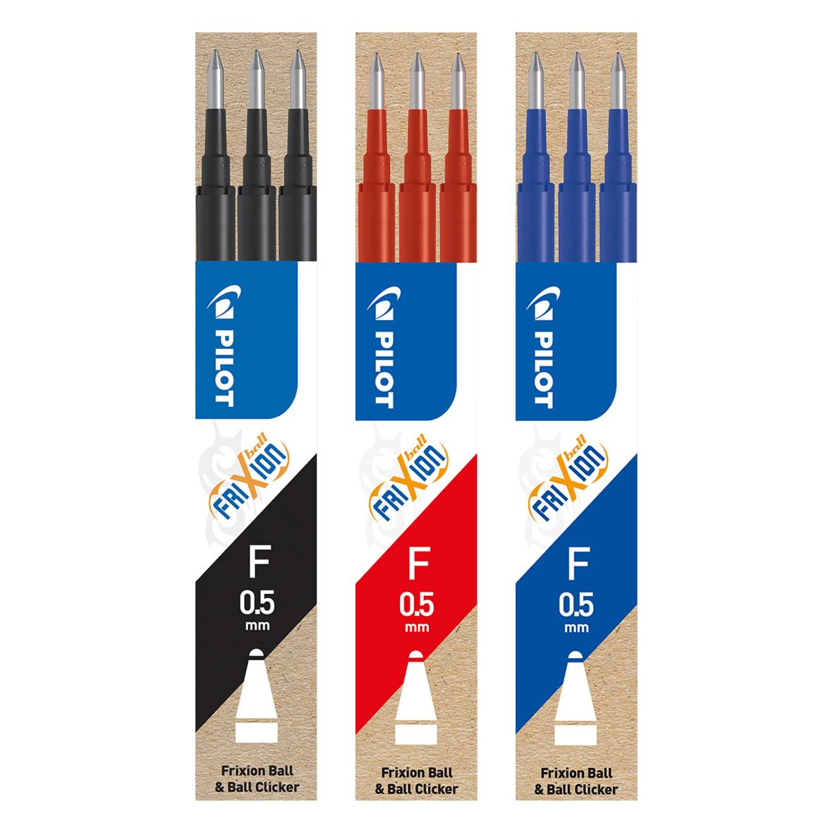 Tre pack Pilot Frixion Clicker kulpennor i svart, rött och blått med 0,5 mm spets
