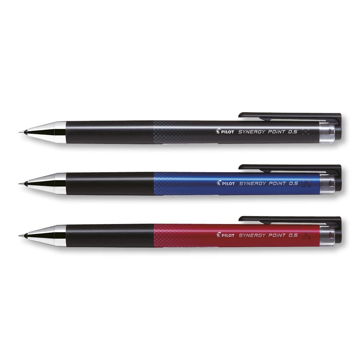 Tre Pilot Synergy Point 0,5 gelpennor i svart, blå och röd färg