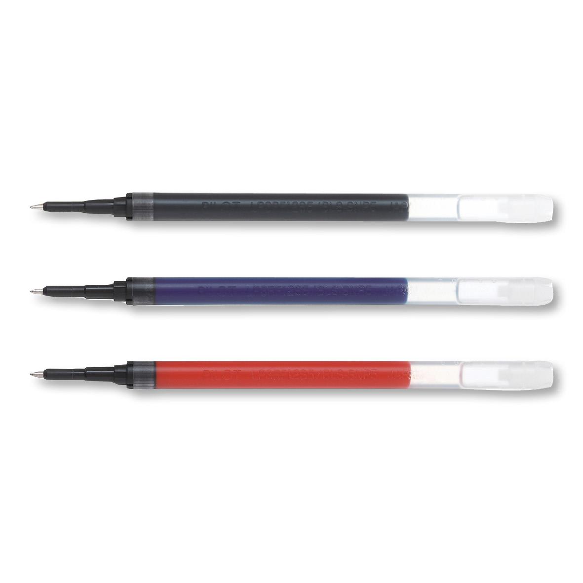 " patronpennor i svart, blått och rött med vita spetsar och transparenta kroppar"