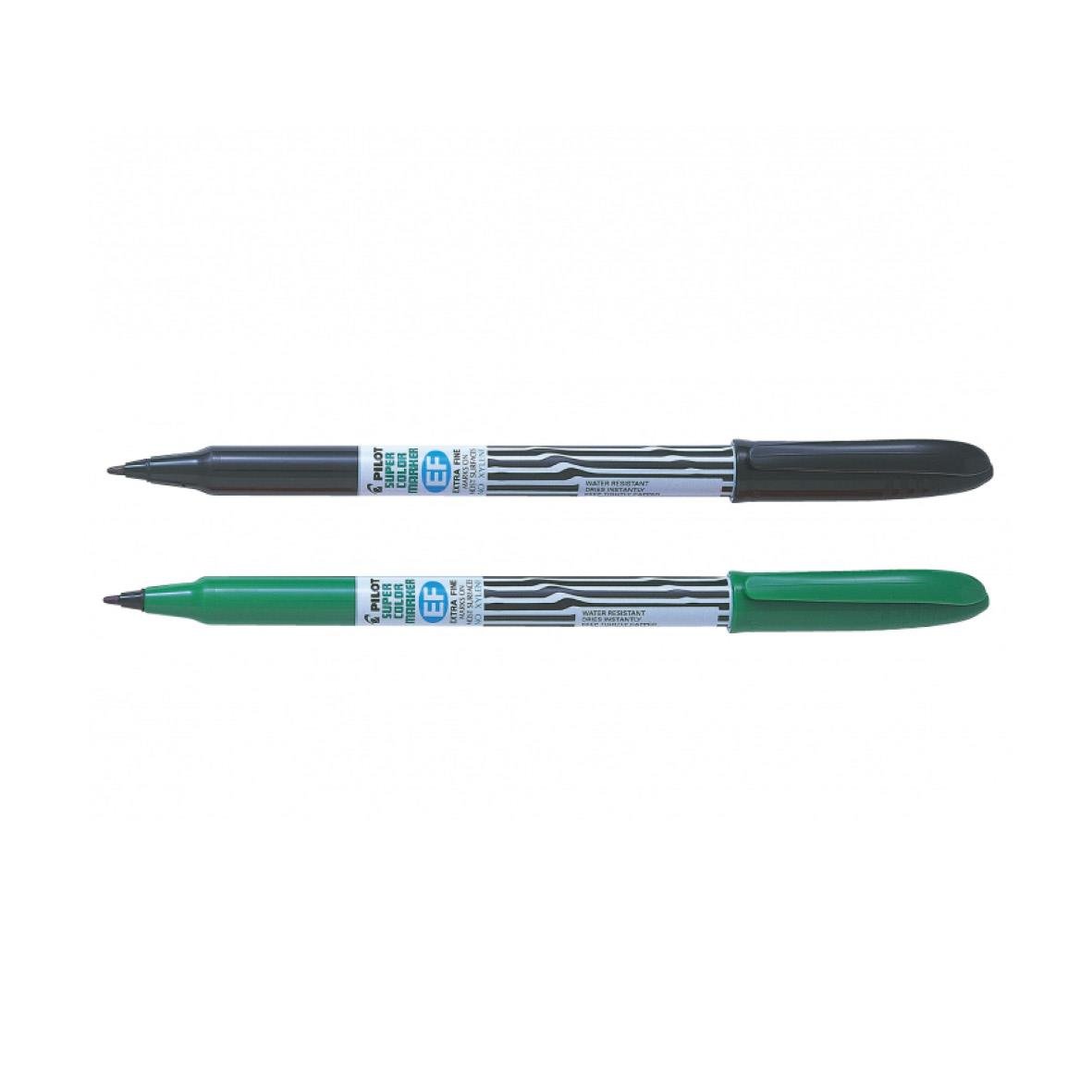 Två Pilot Super Color permanentpennor, en svart och en grön, med 1mm spets