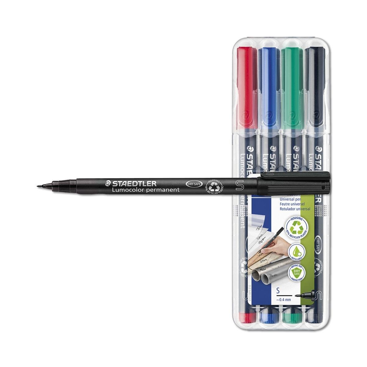 Svart permanent penna Staedtler Lumocolor 313 0,4mm med färgade pennor i plastfodral