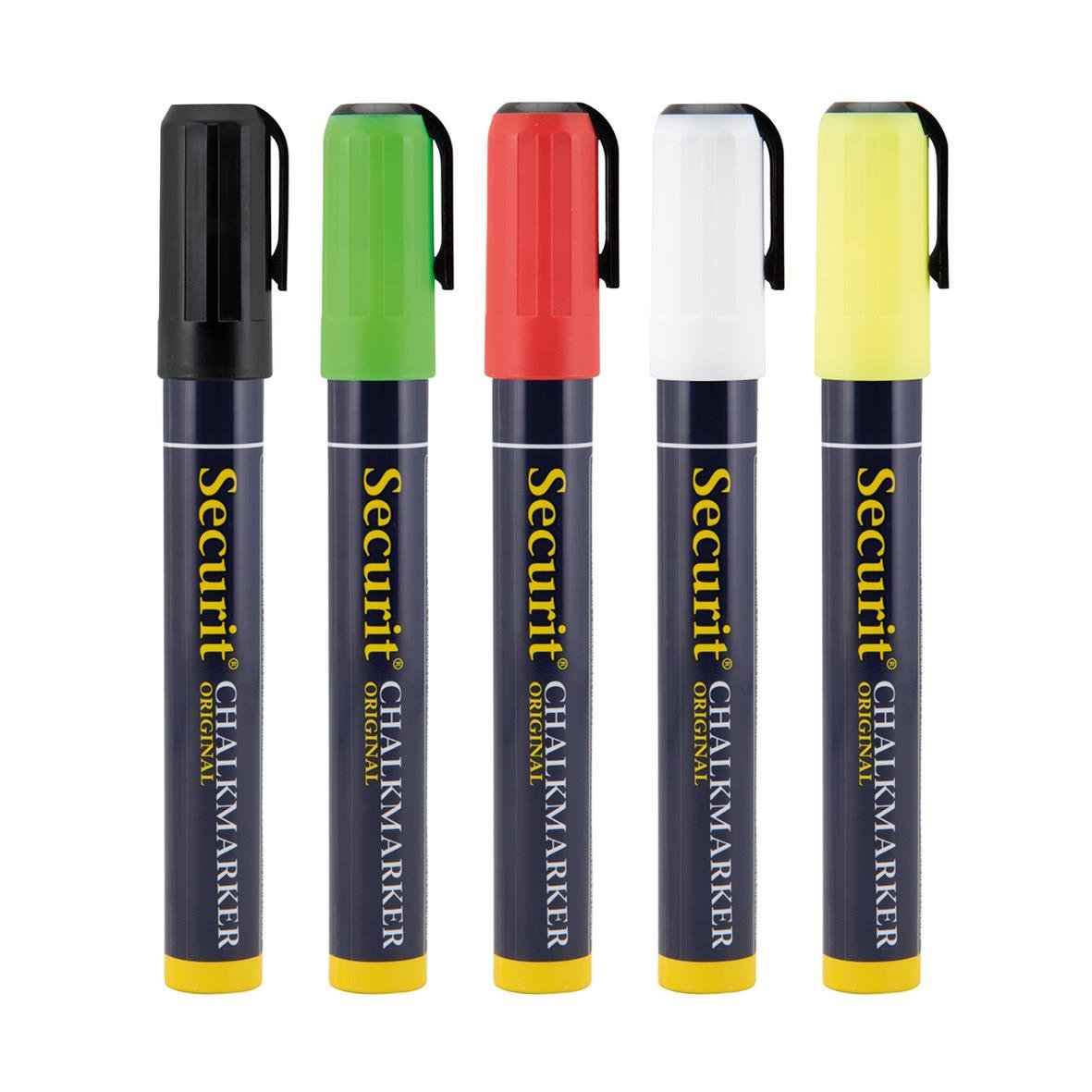 Fem griffelpennor i olika färger med snedskurna spetsar 2-6mm