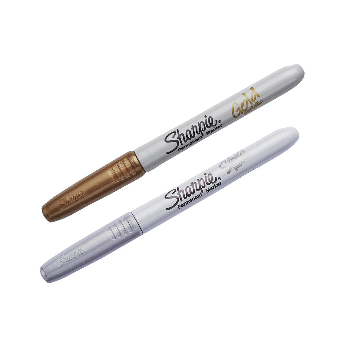 Två Sharpie Metallic Fine märkpennor, en guld och en silver