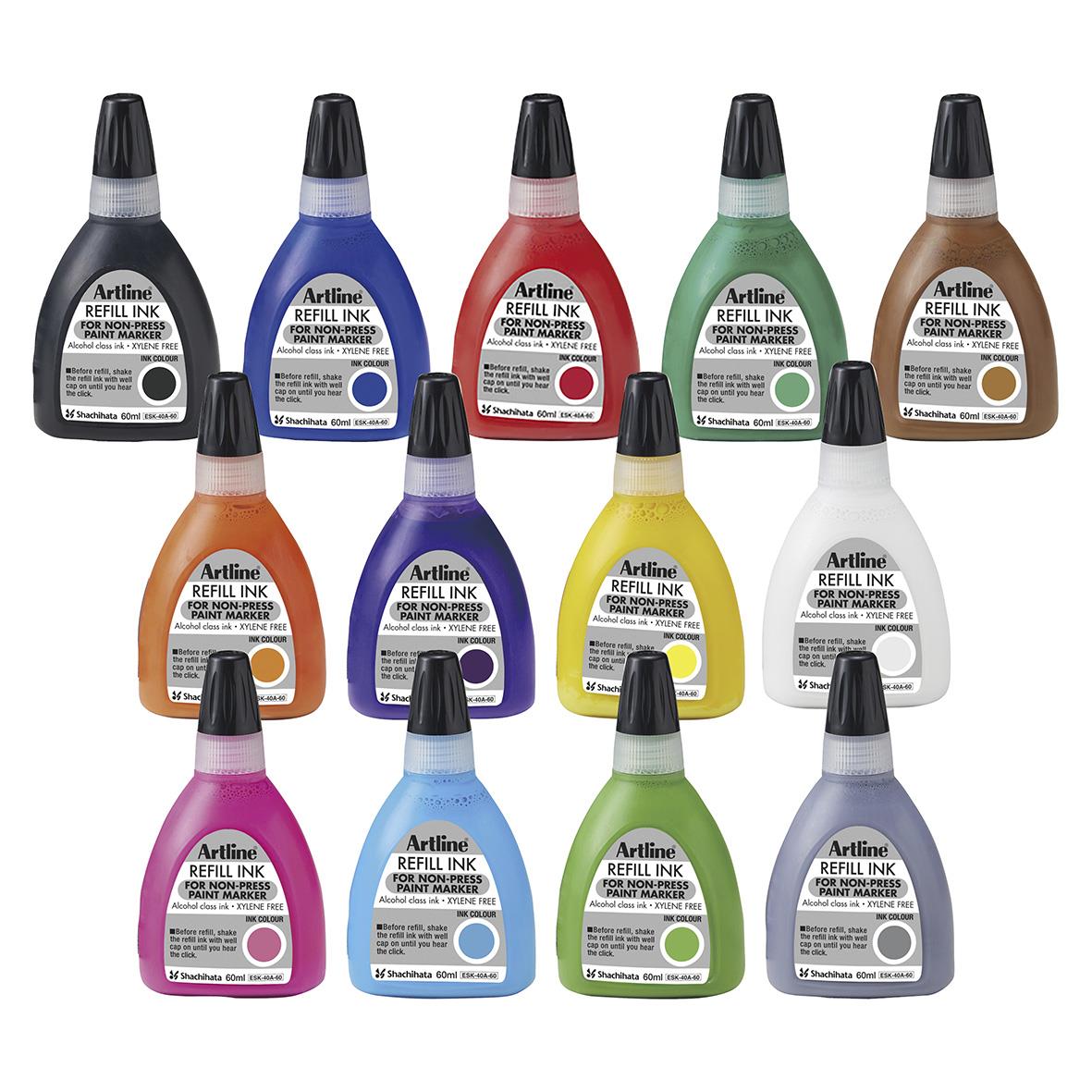 Färgglada refillflaskor med bläck för skrivare i olika färger