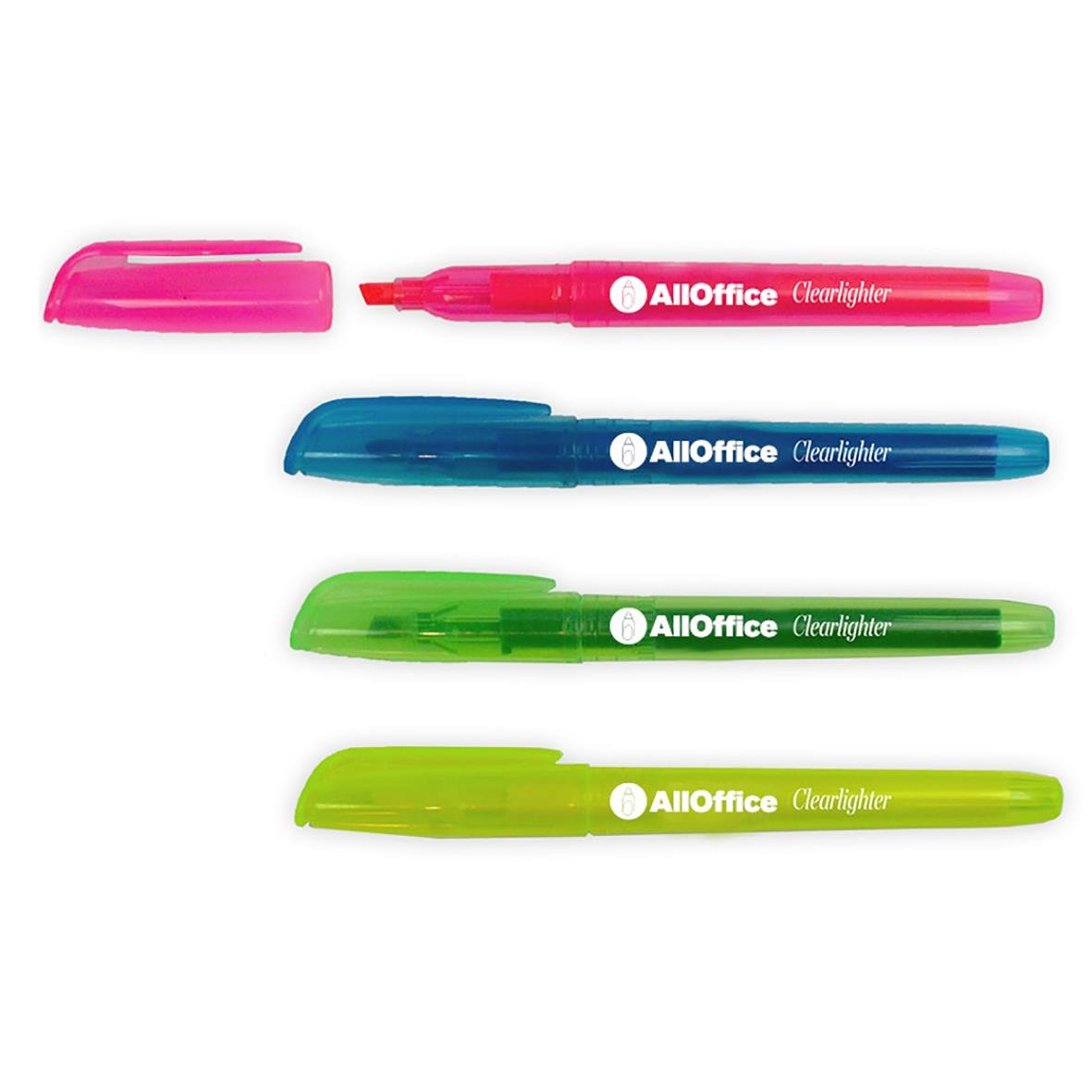 Fyra överstrykningspennor i rosa blå grön och gul färg