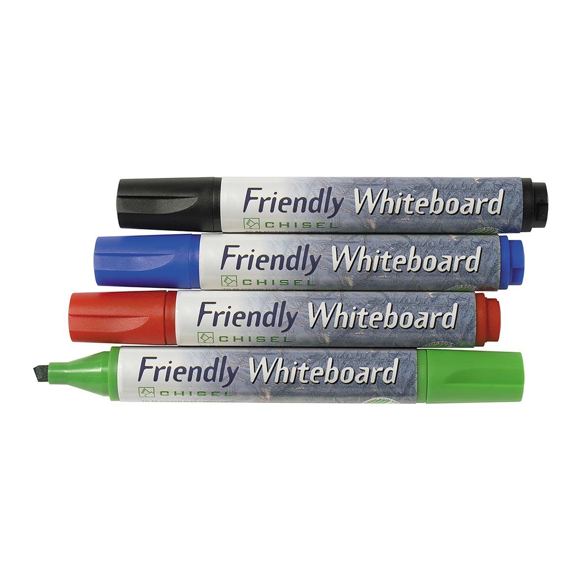 Fyra whiteboardpennor i svart, blå, röd och grön färg med snedskuren spets