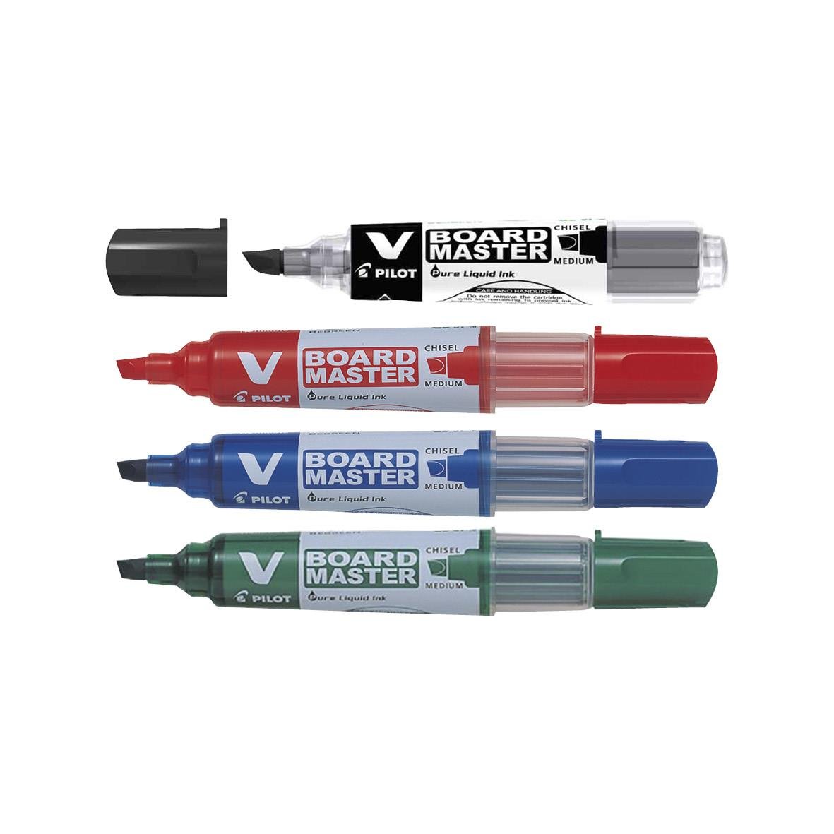 Set med fyra Pilot V-Board Snedskurna whiteboardpennor i svart, rött, blått och grönt