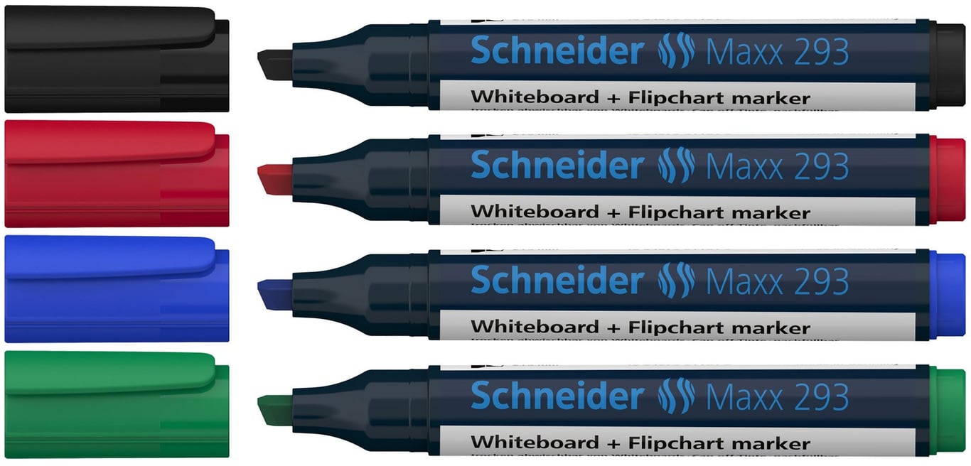 Fyra Schneider Maxx 293 whiteboardpennor med snedskuren spets i svart, rött, blått och grönt