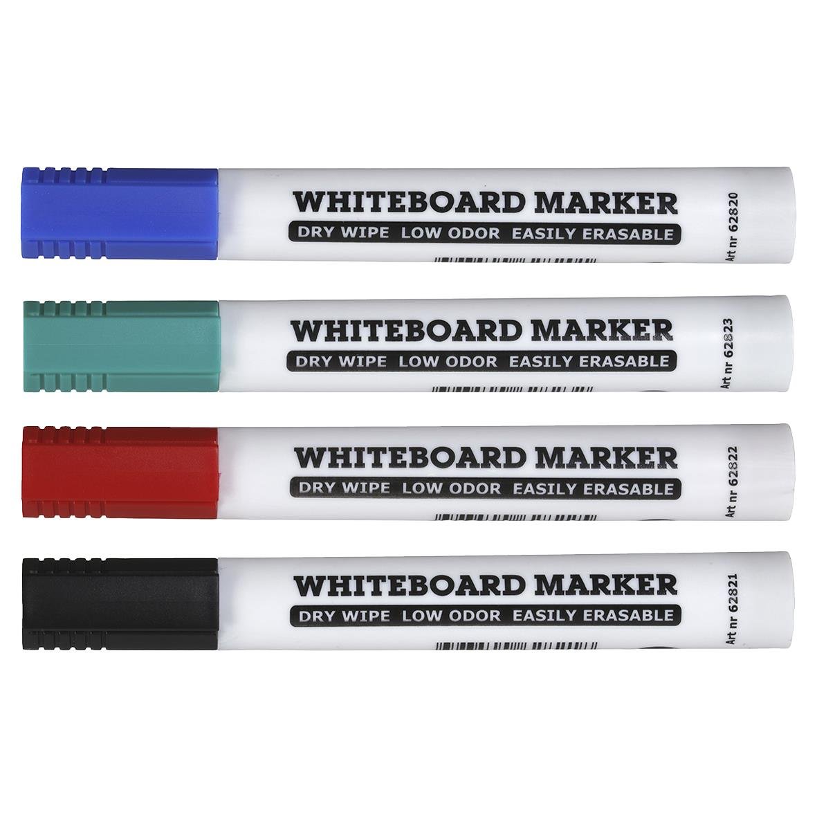 Fyra whiteboardpennor i blå, grön, röd och svart färg