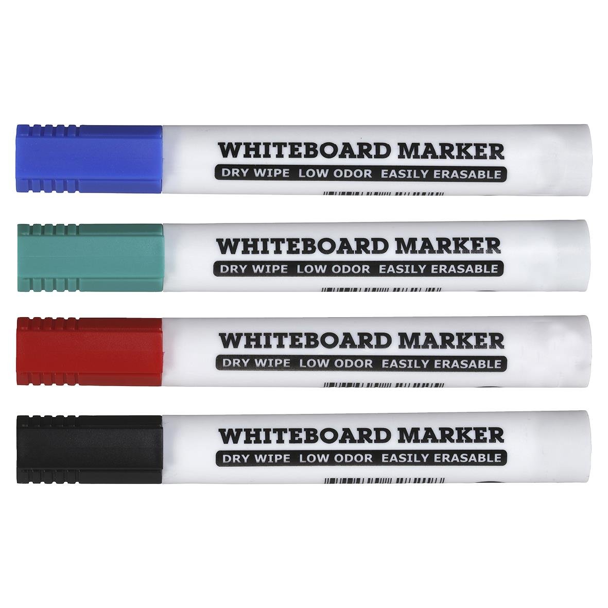 Fyra whiteboardpennor i blå, grön, röd och svart färg