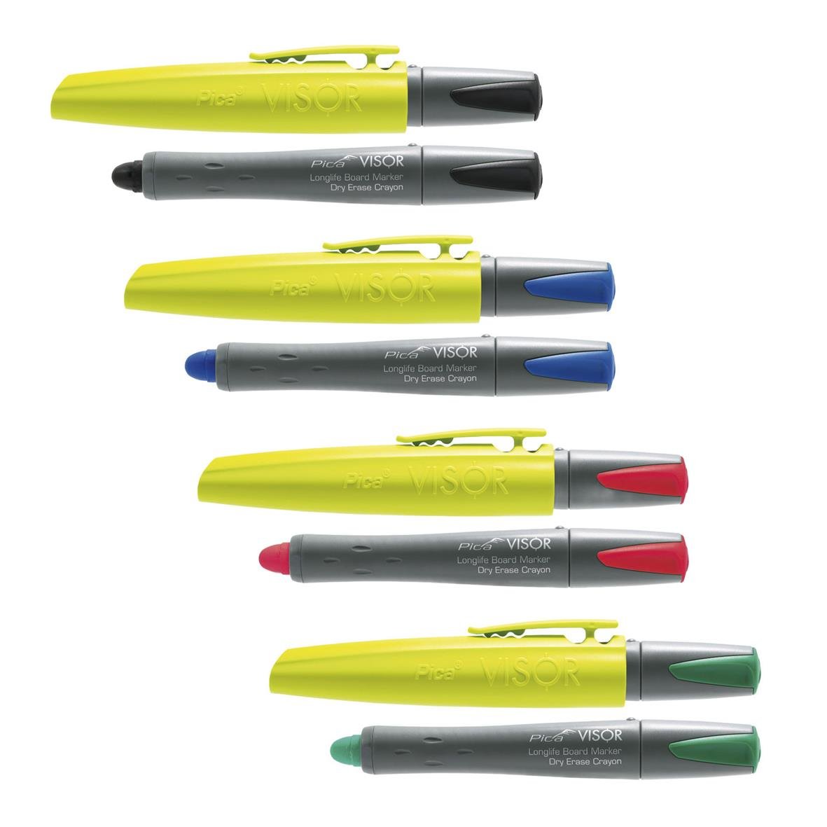 Flera whiteboardpennor i olika färger med klämmor, gula, grå, blå, röd och grön