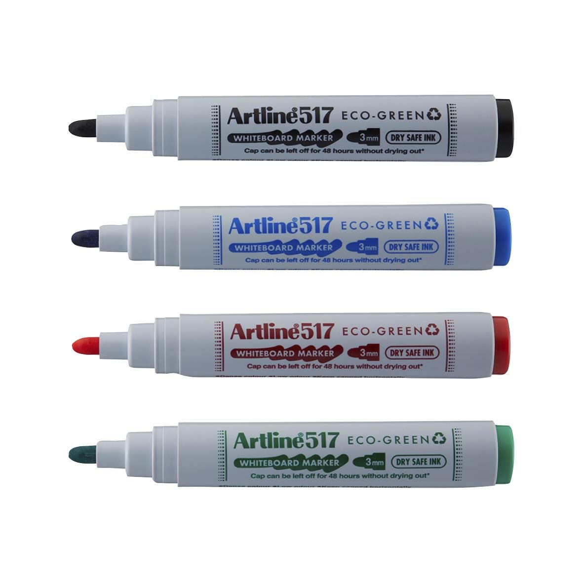 Fyra Artline 517 ECO-GREEN whiteboardpennor i svart, blått, rött och grönt, koniska spetsar