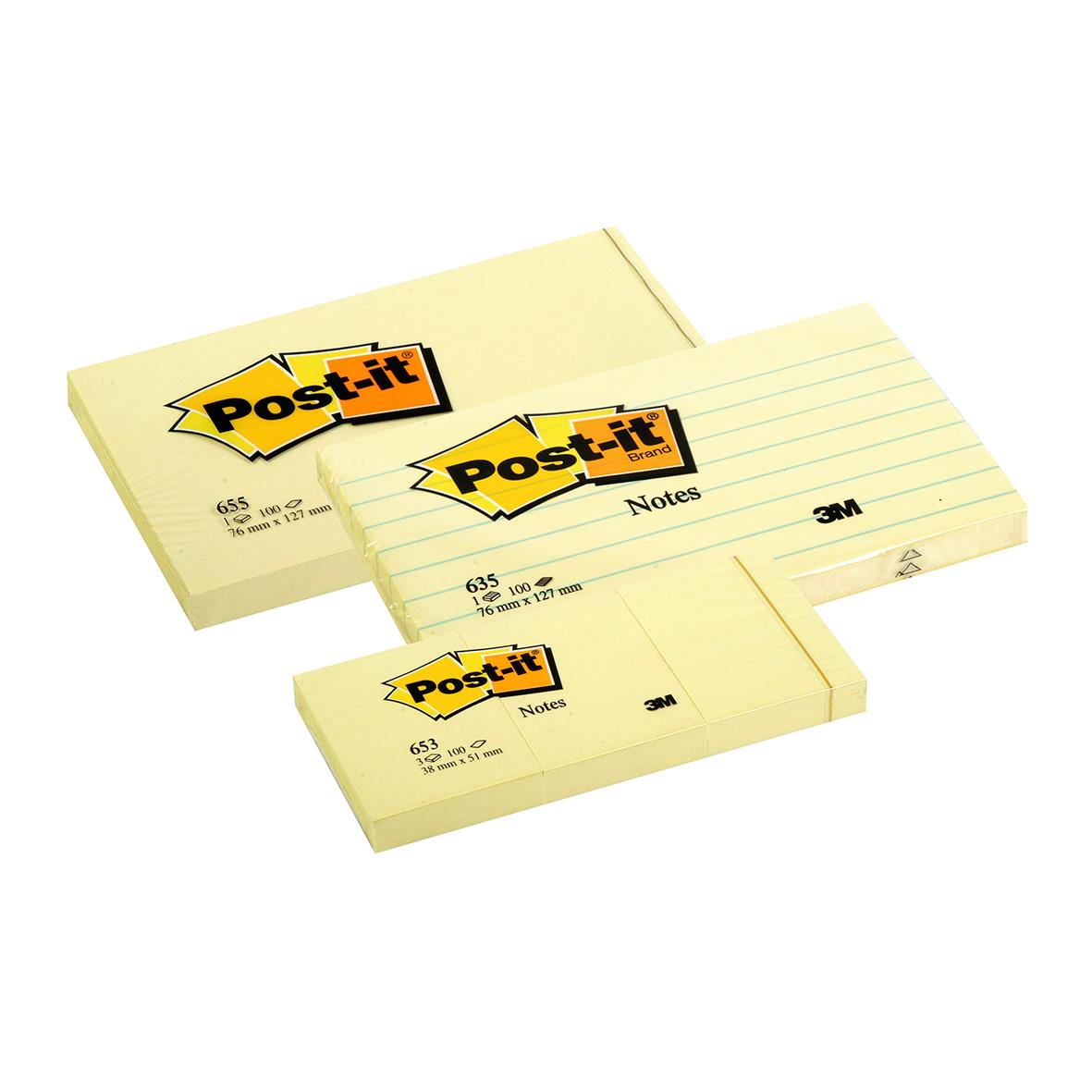 Gula Post-it lappar i olika storlekar med Post-it logo på för anteckningar
