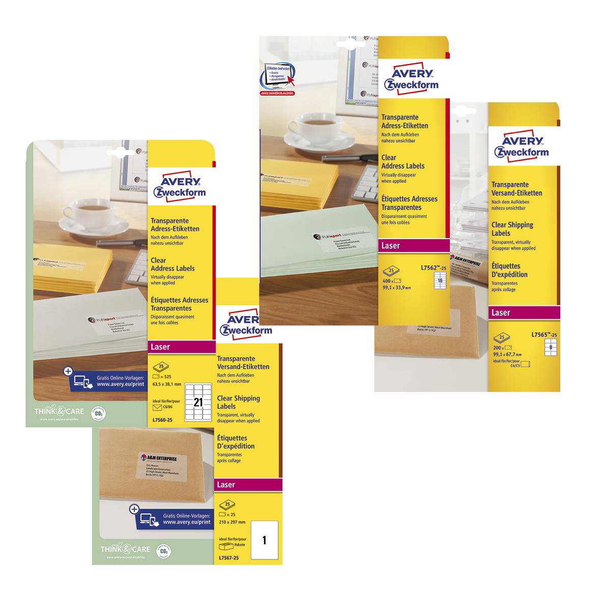 Förpackning med Avery transparenta laseretiketter i olika storlekar