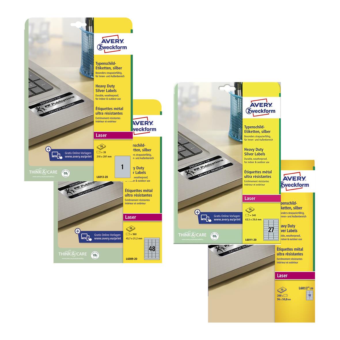 Avery Heavy Duty Silver laseretiketter i förpackning med gul och blå design på etiketten