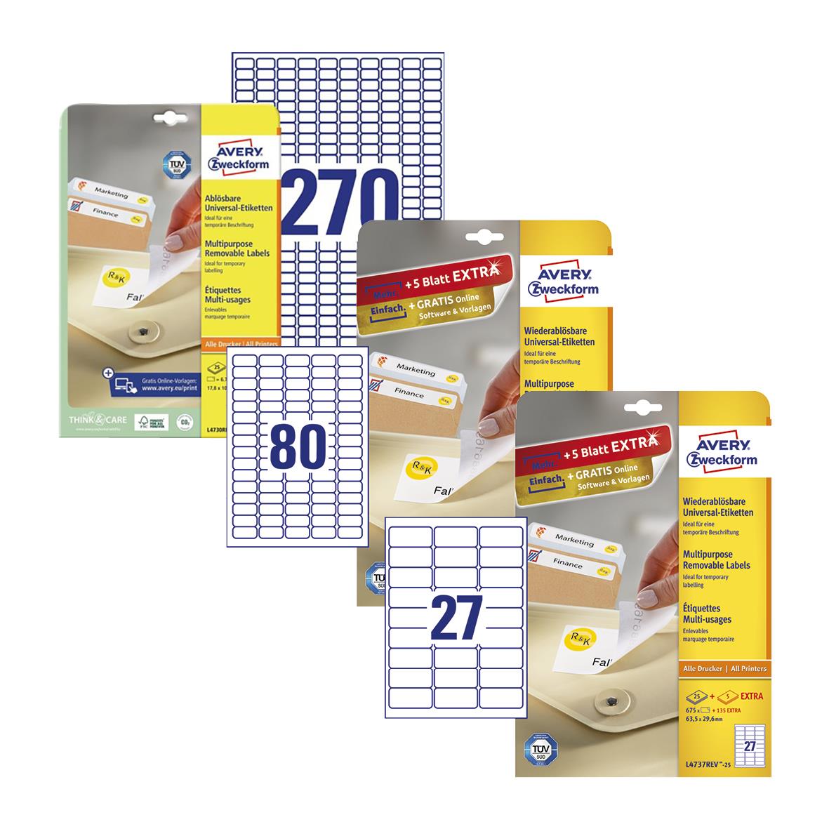 Universaletikett Avery avtagbara vita etiketter i olika storlekar, 270, 80 och 27 etiketter per förpackning