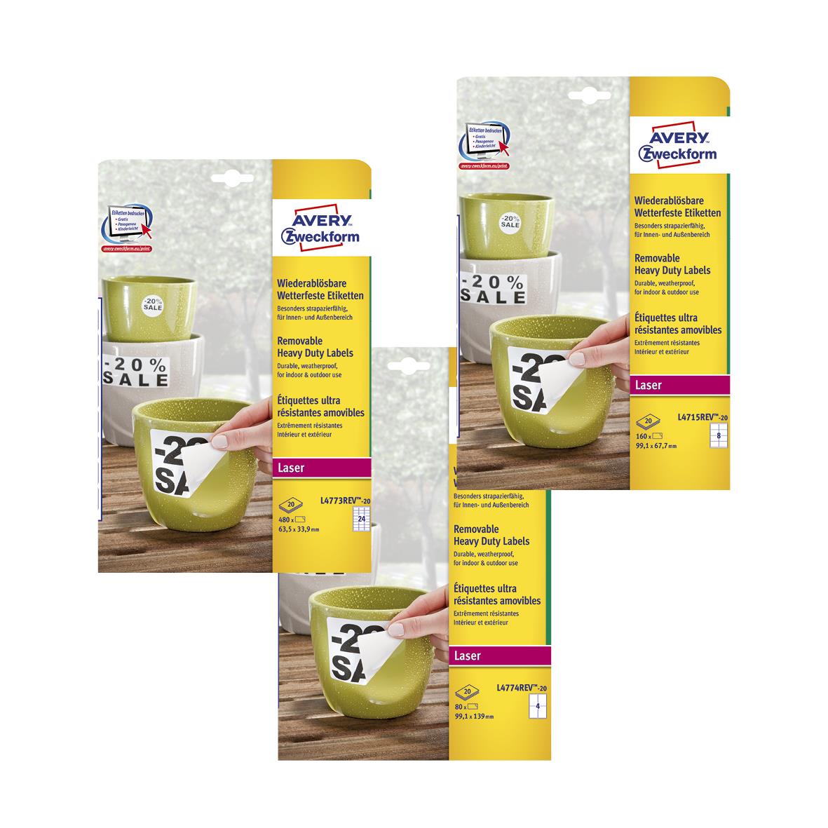 Två paket Avery Heavy Duty avtagbara laseretiketter på en träbänk