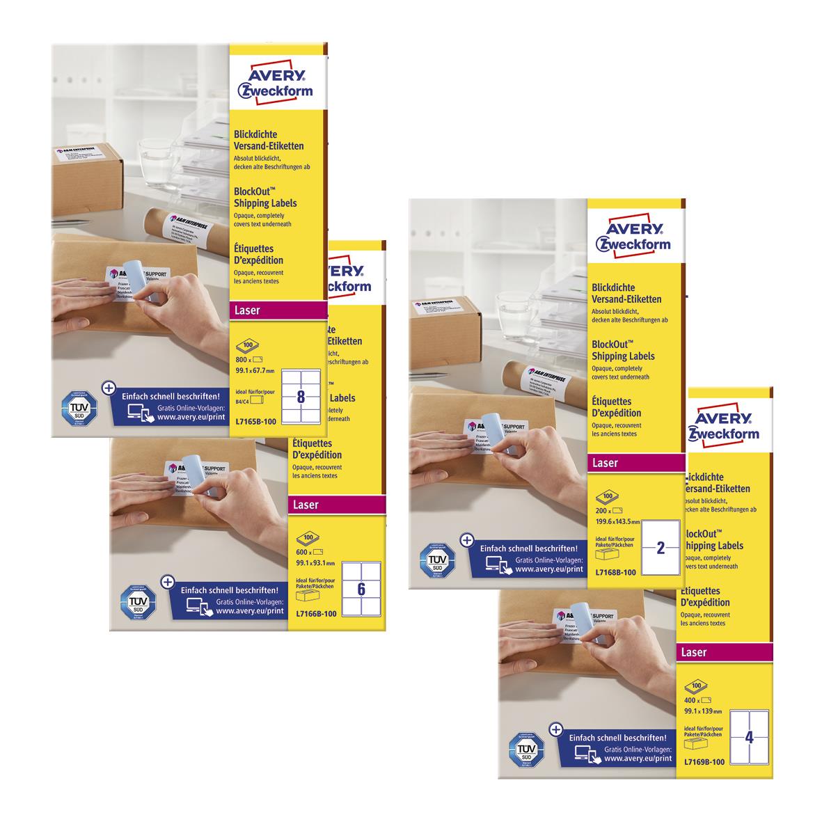 Etikett Avery BlockOut för märkning, laser och bläckstråle, olika storlekar, förpackning med flera etiketter