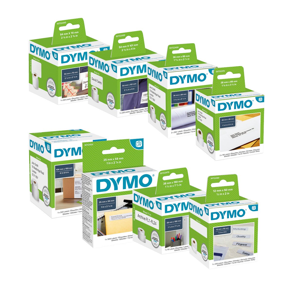 Dymo etikettark för adress 89x36mm i vit färg, olika förpackningar