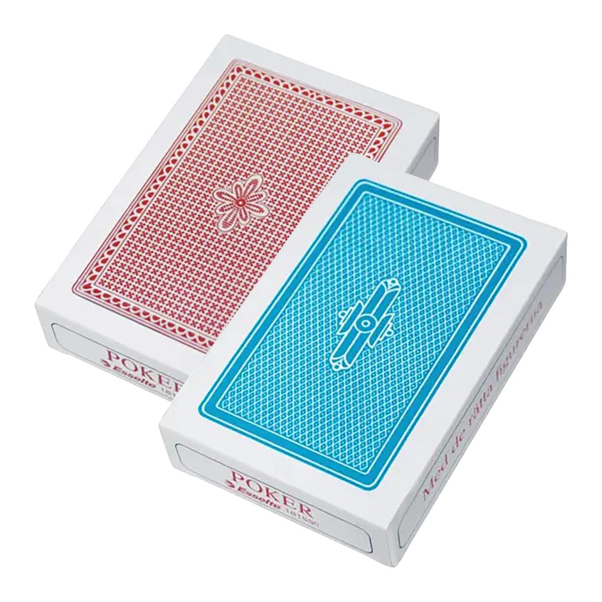 Spelkort i blått och rött med blomma och bilmotiv i ett spelkortspaket