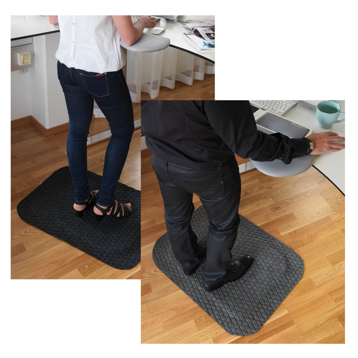 Två personer står på arbetsplatsmattor i ett kontorsmiljö, en i jeans och en i svart kostym, på en svart och grå matta