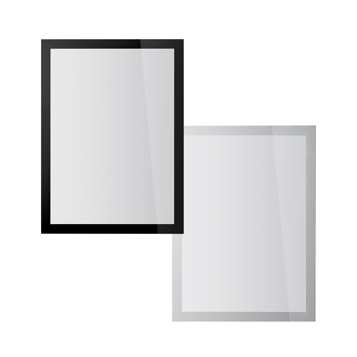 Två A4-informationsramar, en svart och en silverfärgad, avsedda för väggmontering