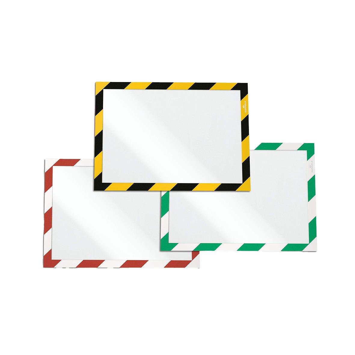 Tre självhäftande säkerhetsramar i olika färger för A4, svart/gul, röd/vit och grön/vit