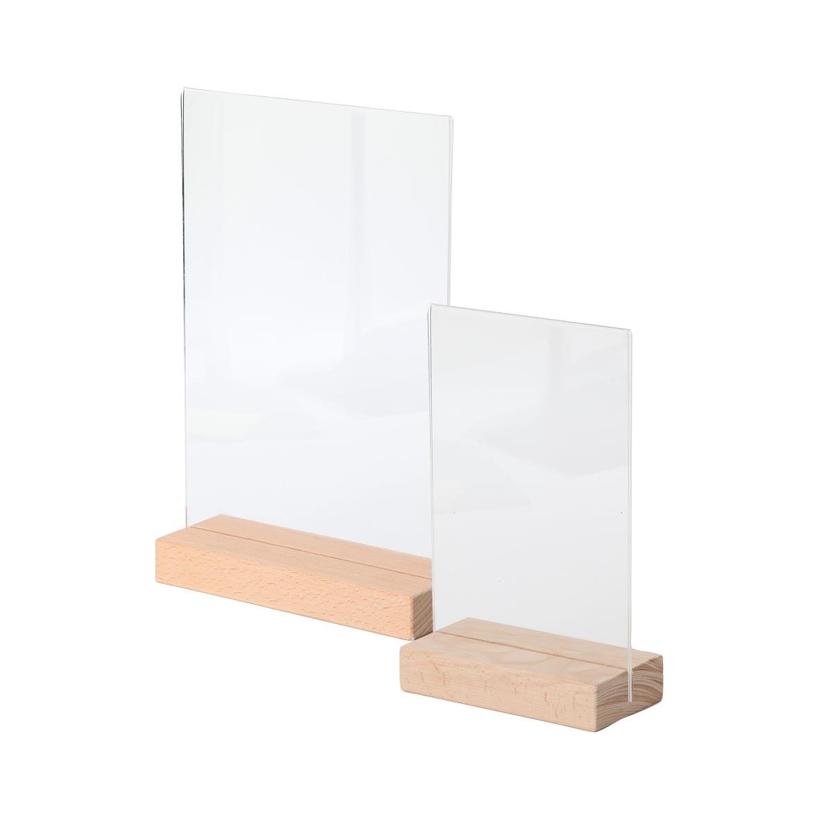 Akrylficka stående med träfot, två olika storlekar, transparent plast och träbas