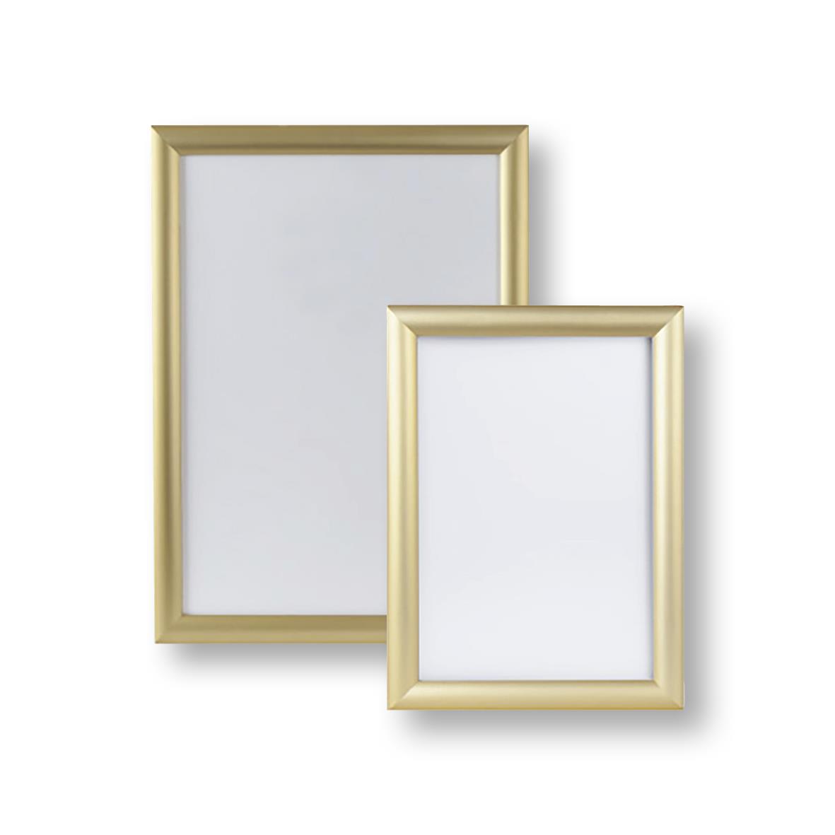 Två guldfärgade aluminiumramar i olika storlekar, passar för bilder eller foton