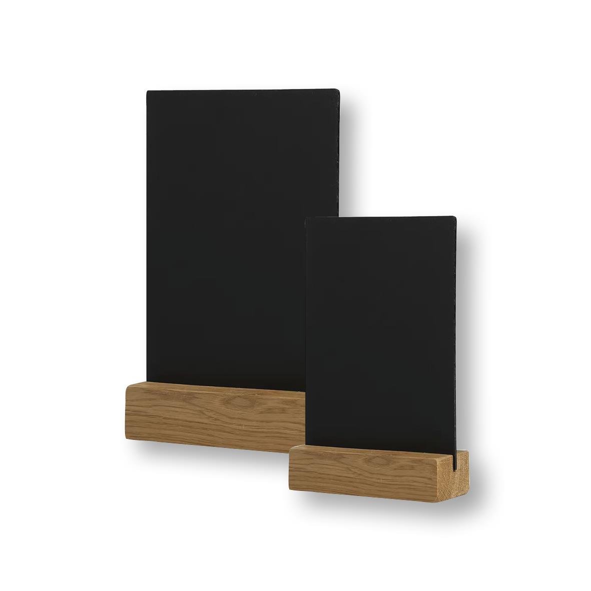 Två svarta griffelskyltar med träbas, en större och en mindre