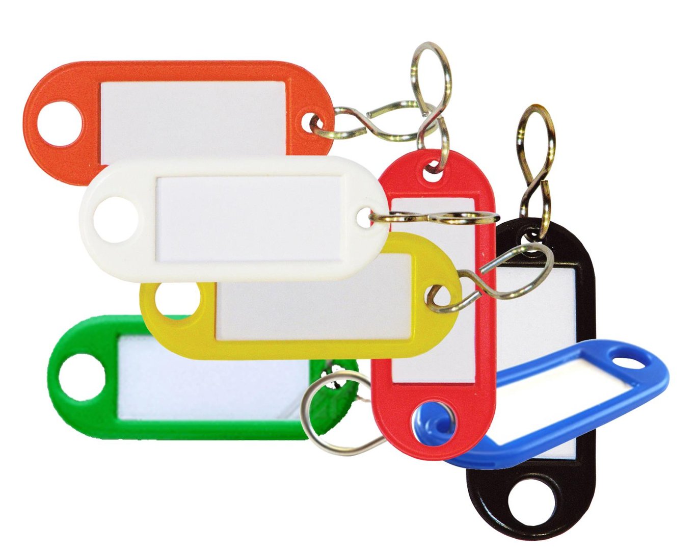 Färgglada nyckelbrickor med fönster i olika färger och metallringar