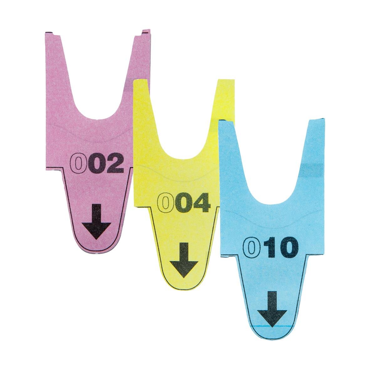 Tre färgade biljettkuponger för Turn-O-Matic D900 T90, nummer 02, 04 och 10