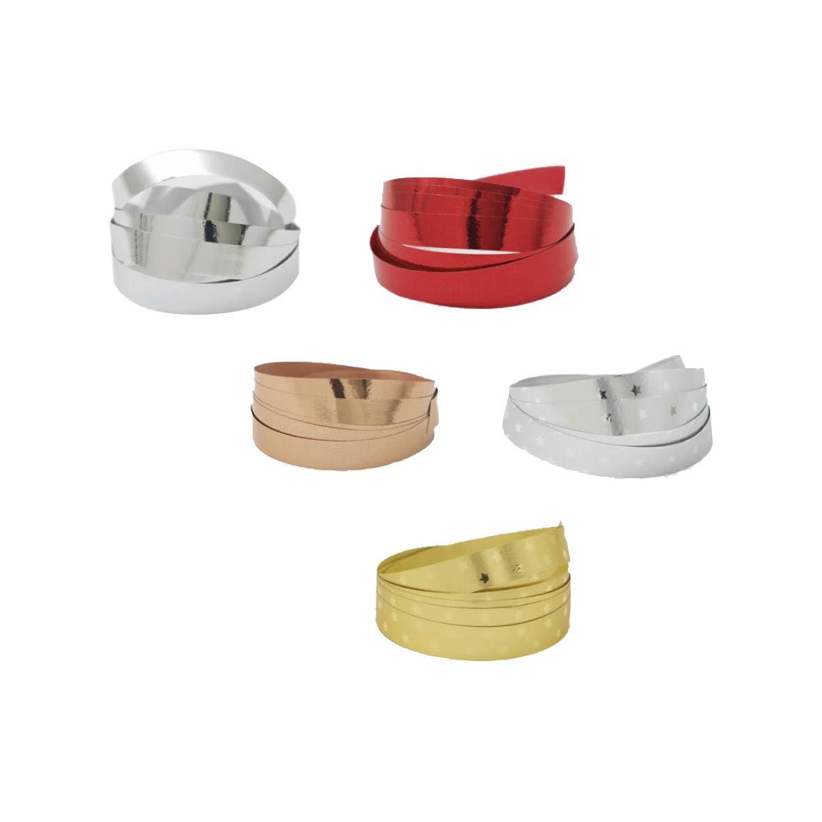 Presentband i metall, 10mm bred, 250m lång i olika färger: silver, röd, beige, vit och gul