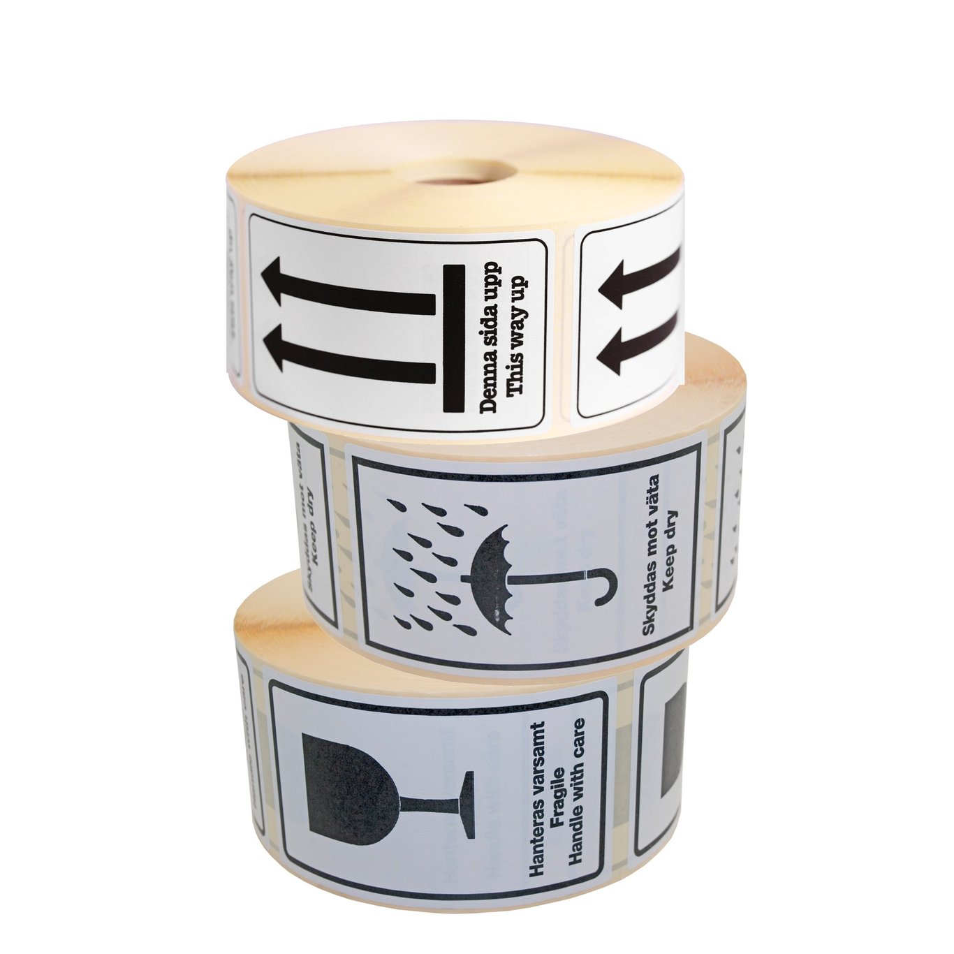 Varningsetikett med symboler för att hantera farliga ämnen, inklusive hantering, skydd och förvaring