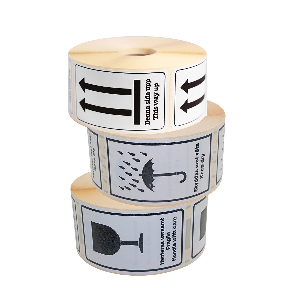 Varningsetikett med symboler för att hantera farliga ämnen, inklusive hantering, skydd och förvaring