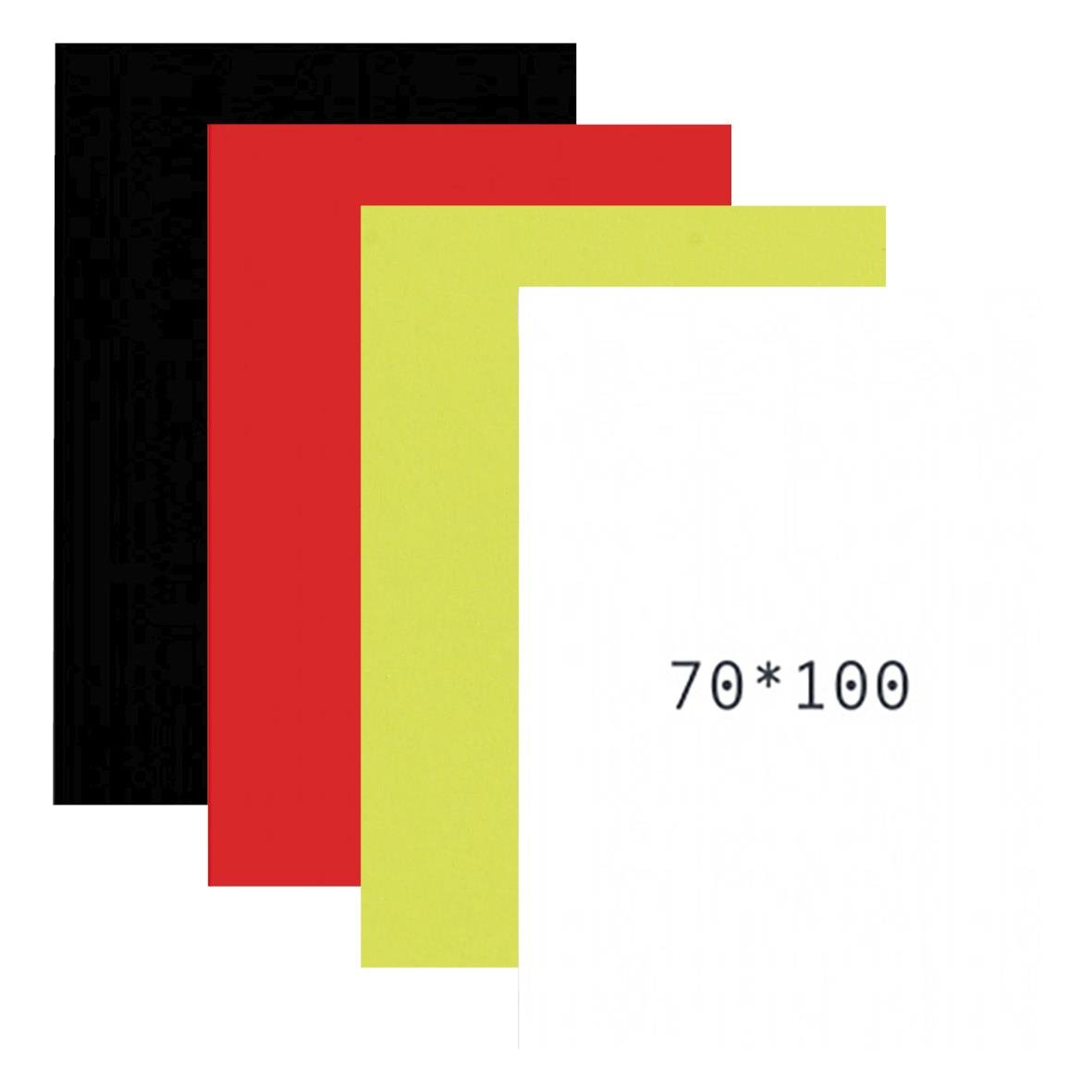 Tre färgade textkartonger i svart, rött och gult, storlek 70x100cm
