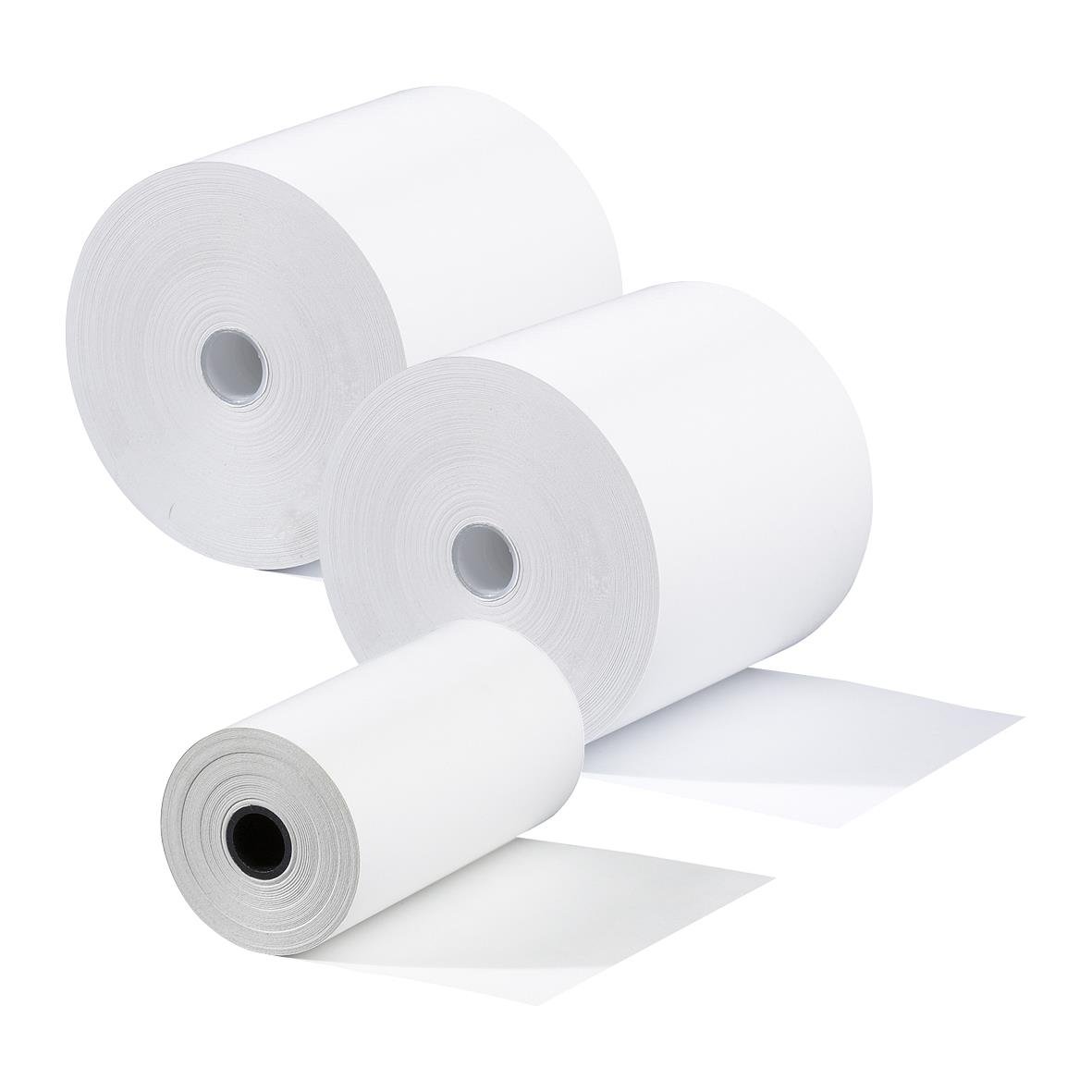 Två stora vita kassarullar och en mindre rulle av termoplastisk, BPA-fri film, 80mm bredd