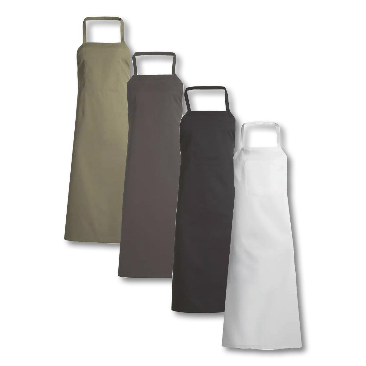 Bröstlappsförkläde i olika färger: beige, grå, svart och vitt