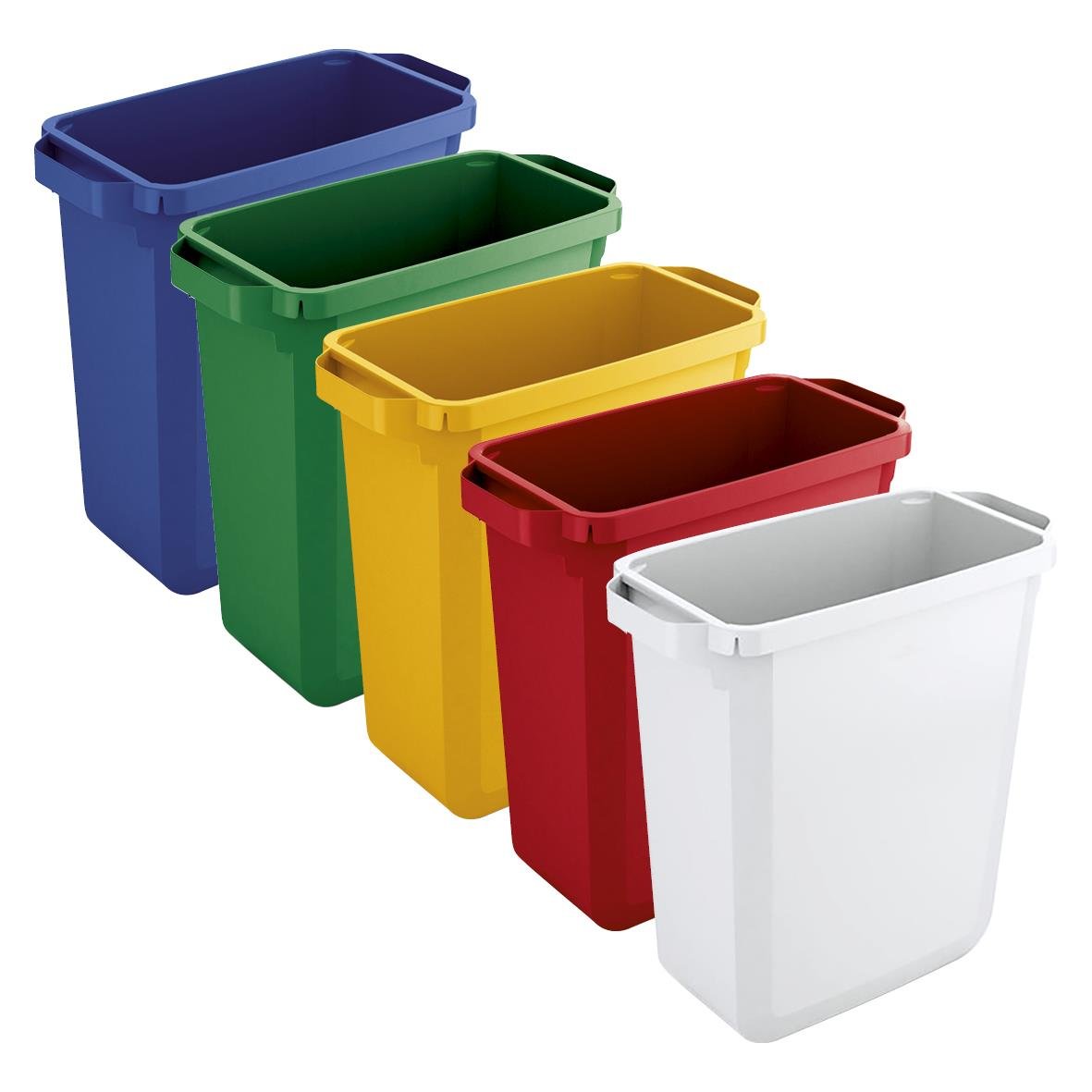 Färgglada återvinningskärl i blått, grönt, gult, rött och vitt för sortering av avfall