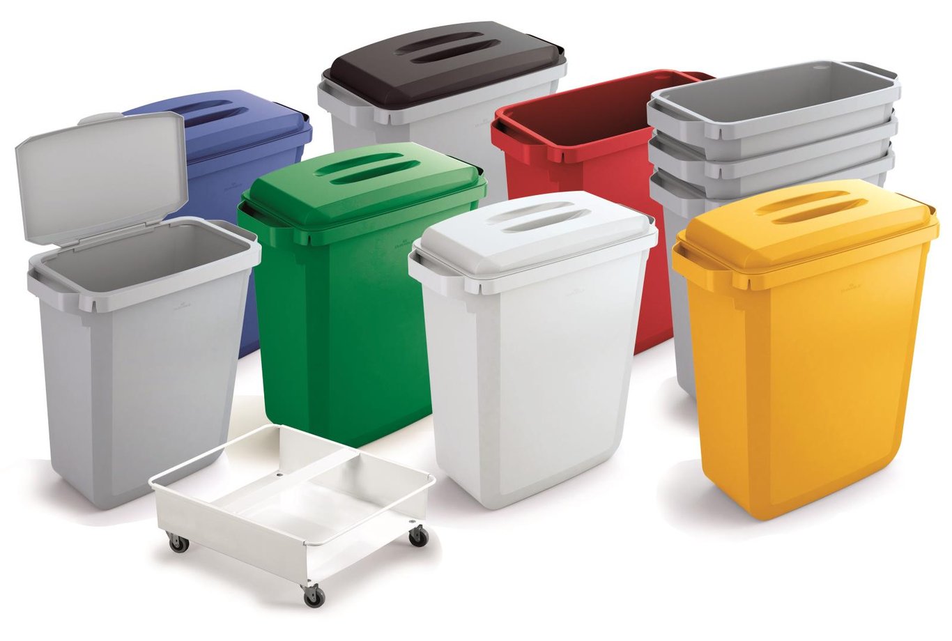 Flera återvinningskärl i olika färger och storlekar, inklusive en vit Durabin 60
