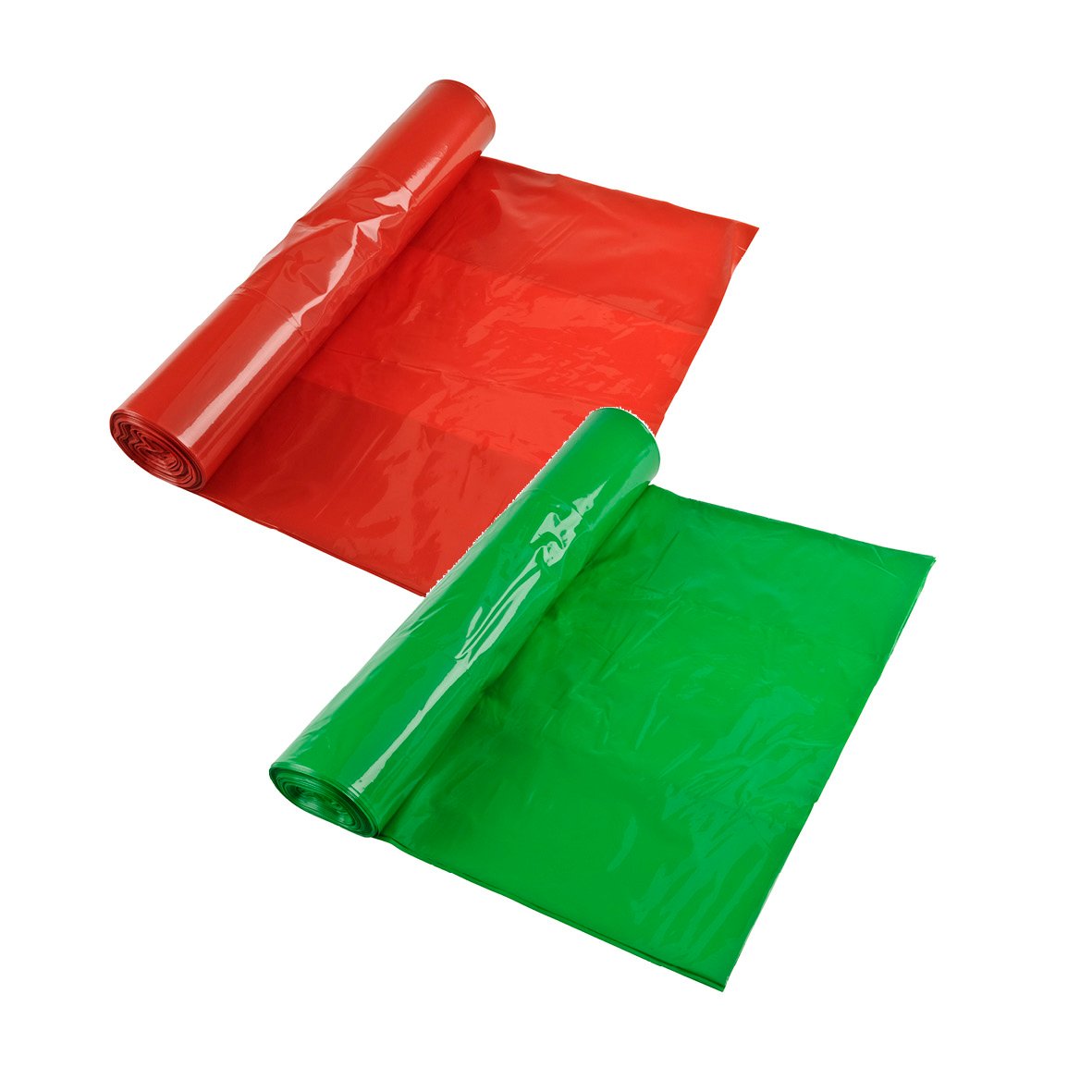 Två källsorteringssäckar, en röd och en grön, i plast, storlek 70L, 600x900mm