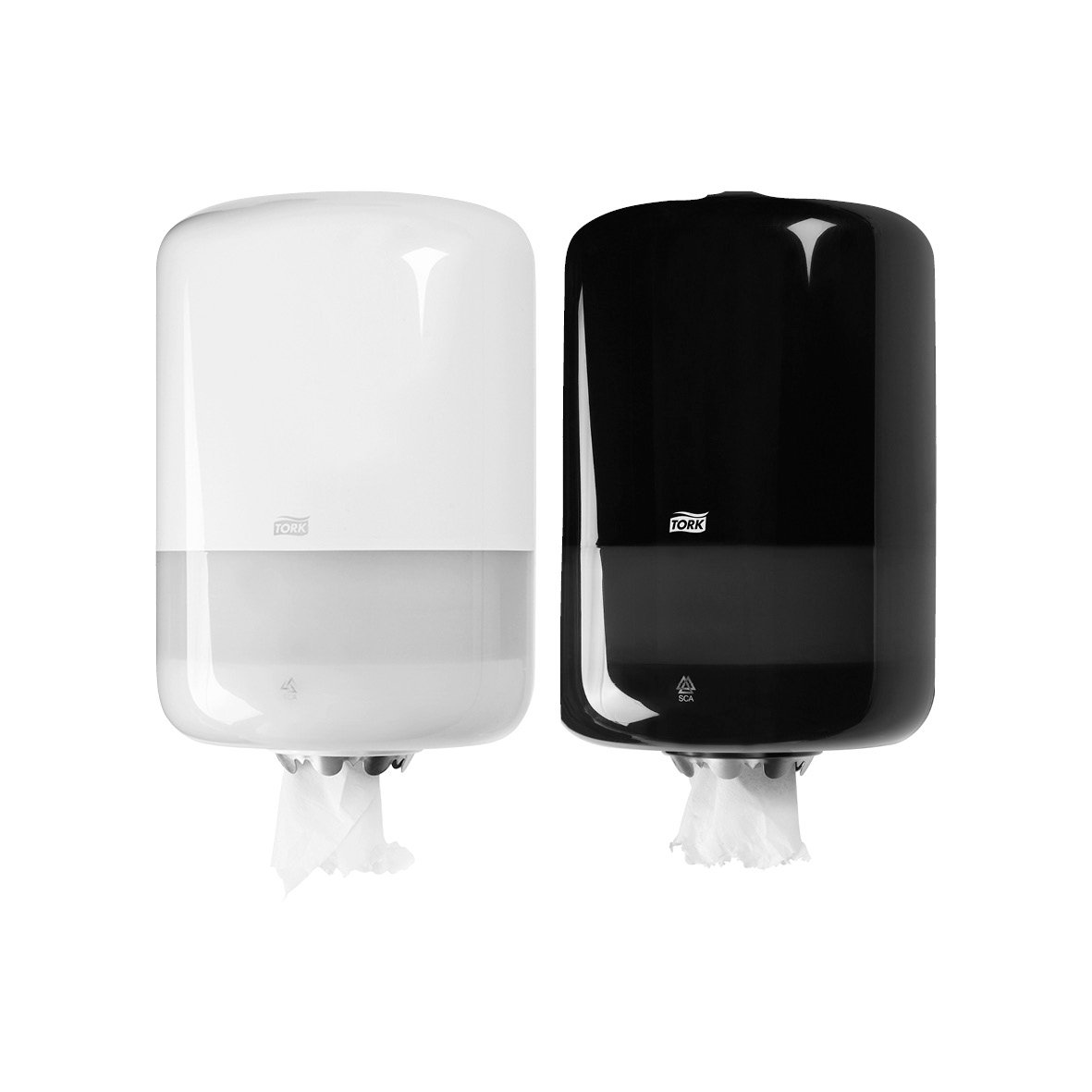 Två dispenser för torkrulle, en vit och en svart, centrummatad Tork M2
