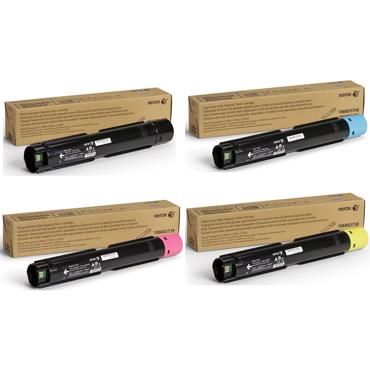 Fyra Xerox 16500 cyan laserpatroner med färgade ändlock och tillhörande förpackningar