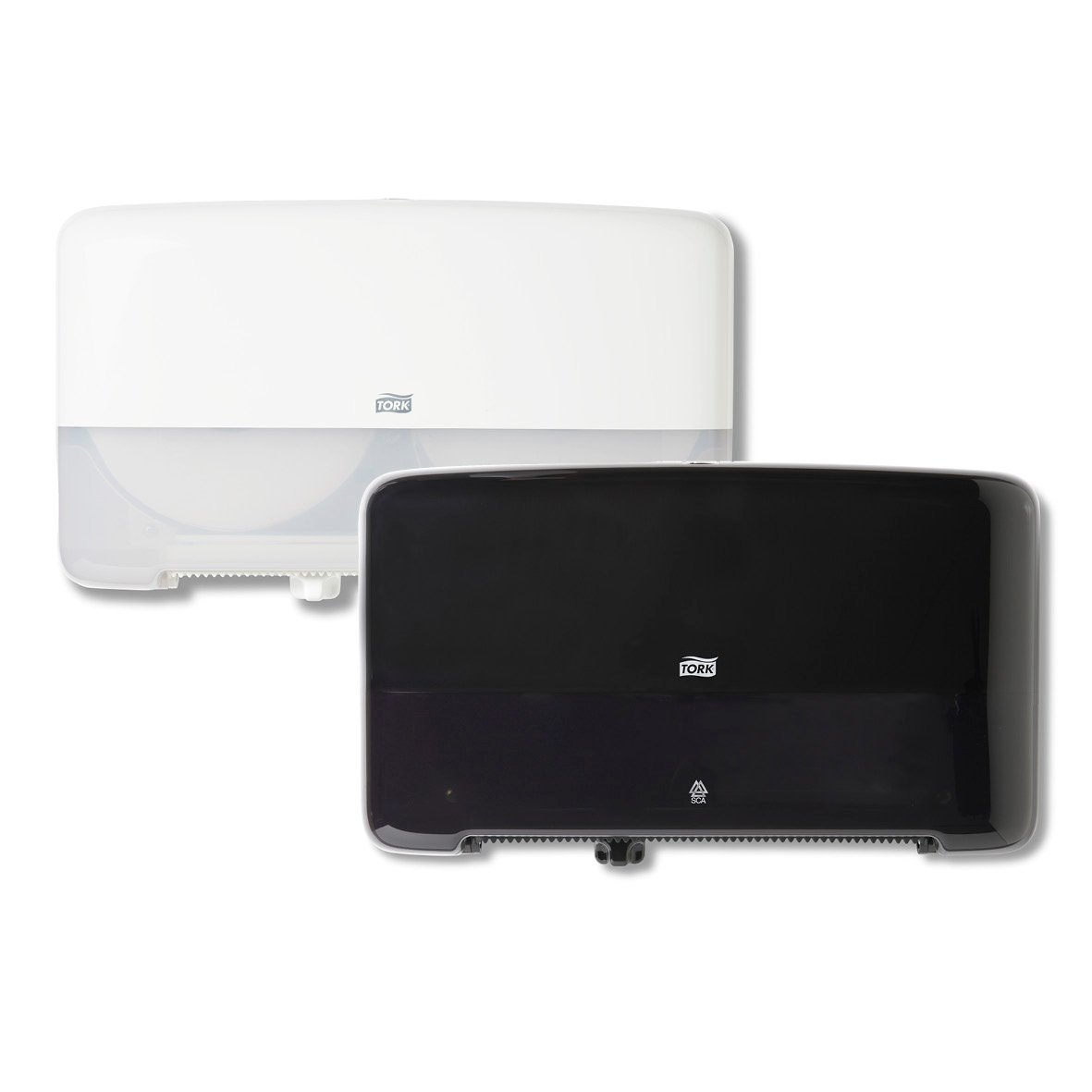 Dispenser för toalettpapper Tork T2 Mini Jumbo Twin i vitt och svart
