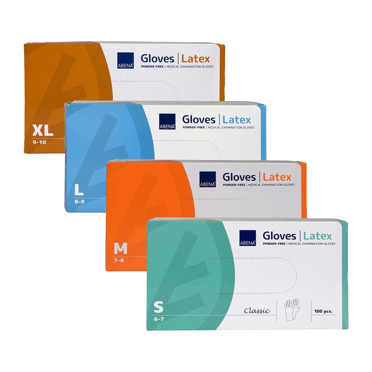 Förpackningar med olika storlekar av latex engångshandskar från Abena i färgerna orange, blå, grönt och vitt