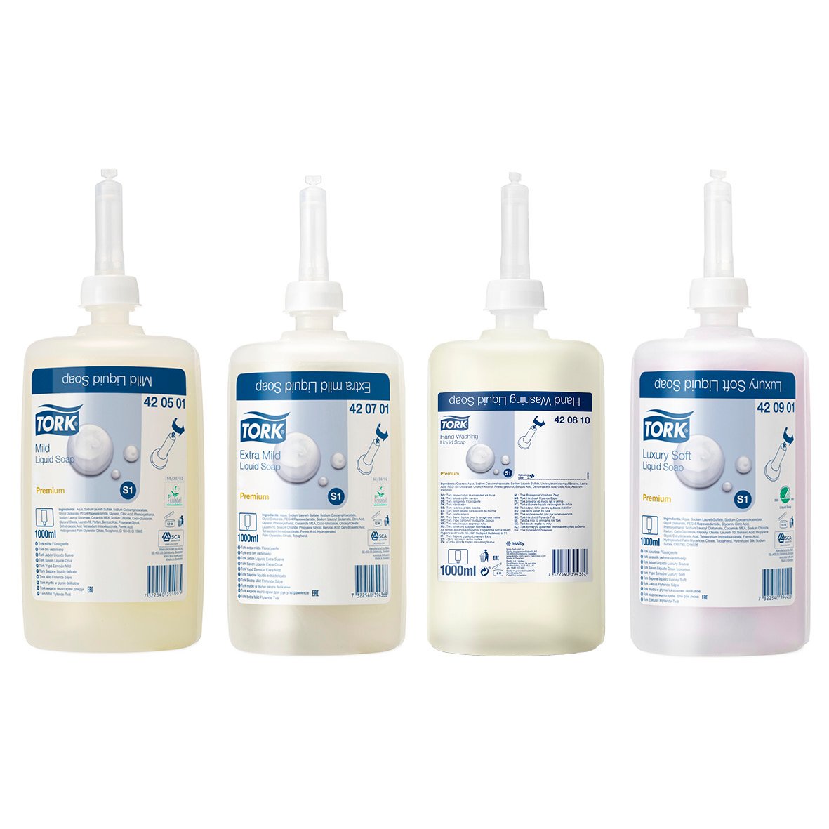 Fyra flaskor flytande tvål Tork S1 Premium Sensitive 1L i olika färger