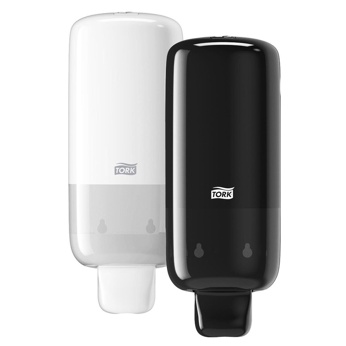 Två dispenser Tork S4 skumplast, en vit och en svart