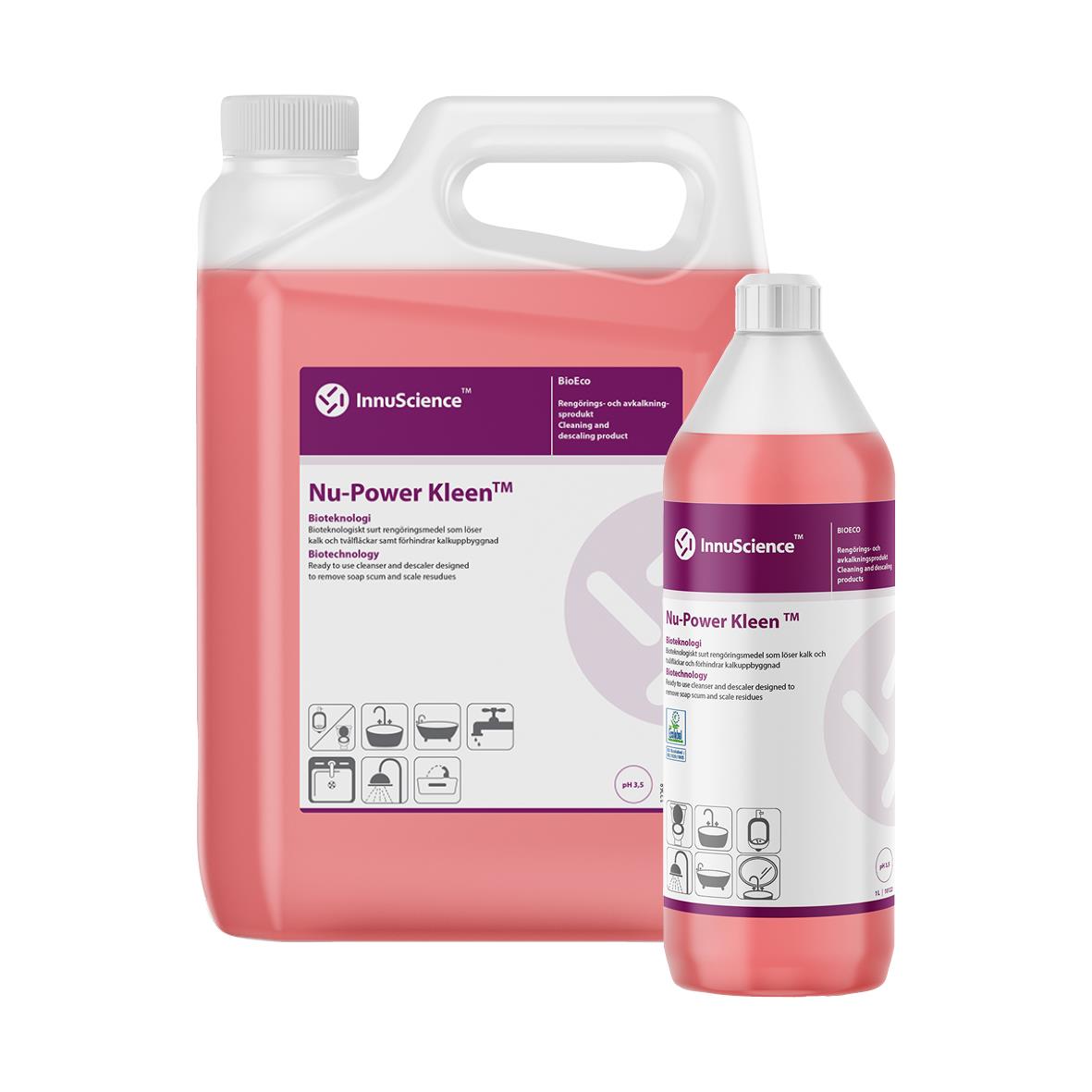 Kalkbort Innu-Science Nu-Power Kleen rengöringsmedel i stor och liten flaska