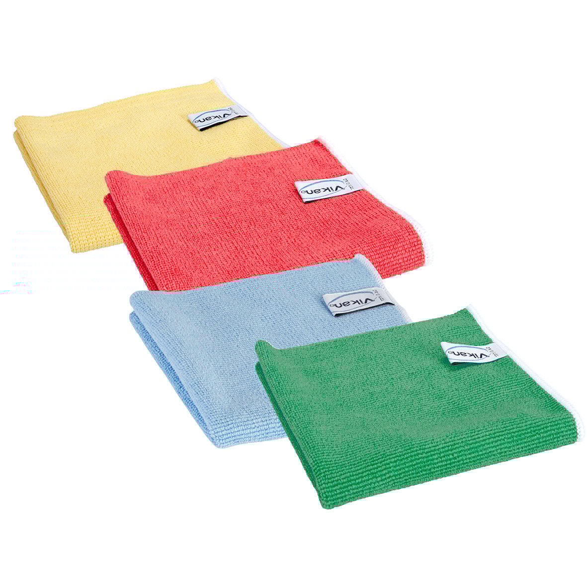Fyra mikrofiberdukar i olika färger: gul, röd, blå och grön, 32x32cm