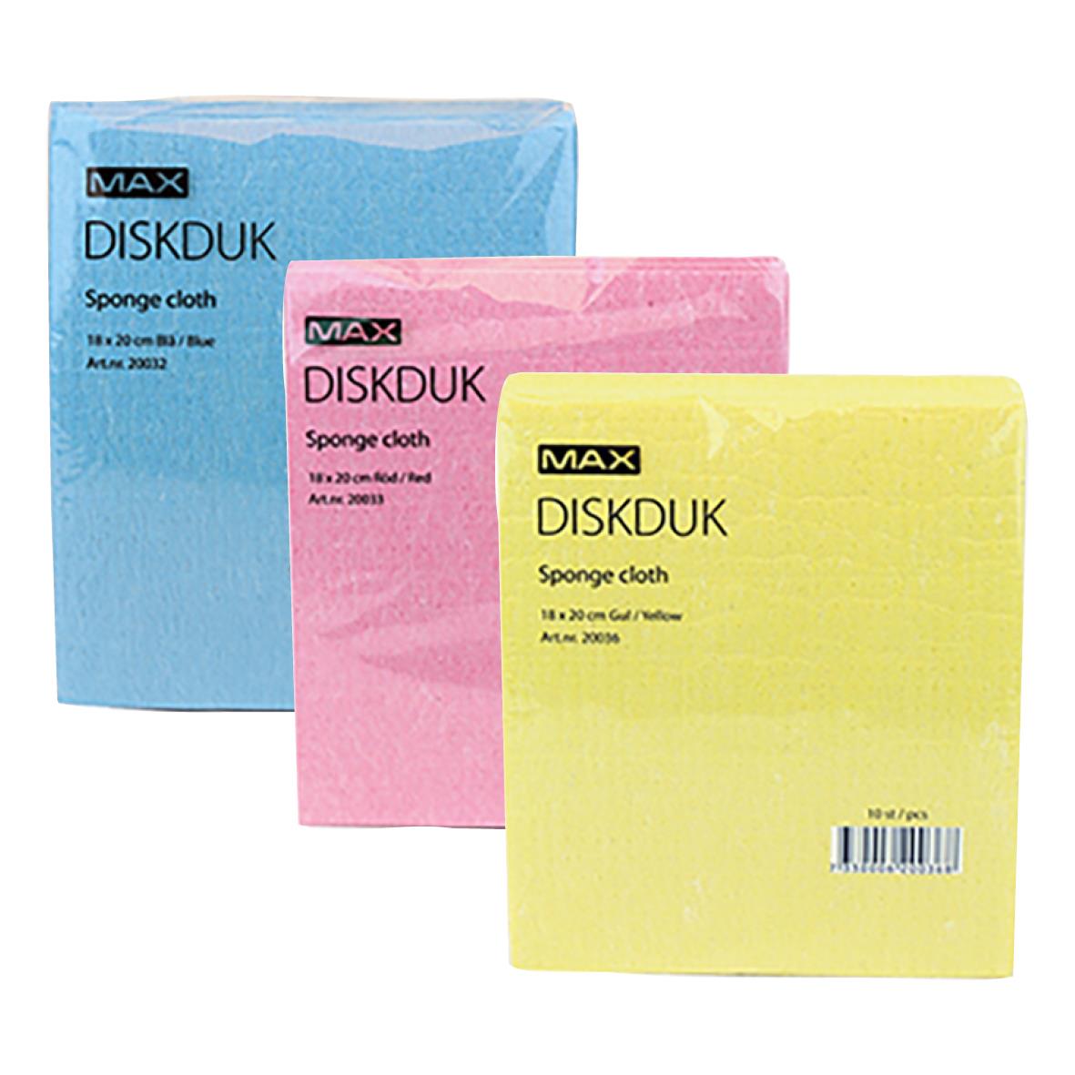 Svampduk i tre färger blå rosa gul, 18x20cm, Max Diskduk
